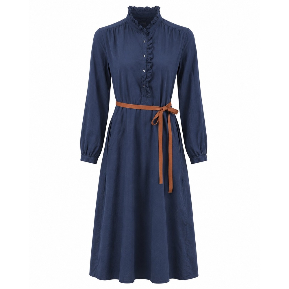 Xirena Midi Dress Wns Medium Navy Blue Excellent Cotton Ruffle Belted Long Slv - Picture 6 of 16